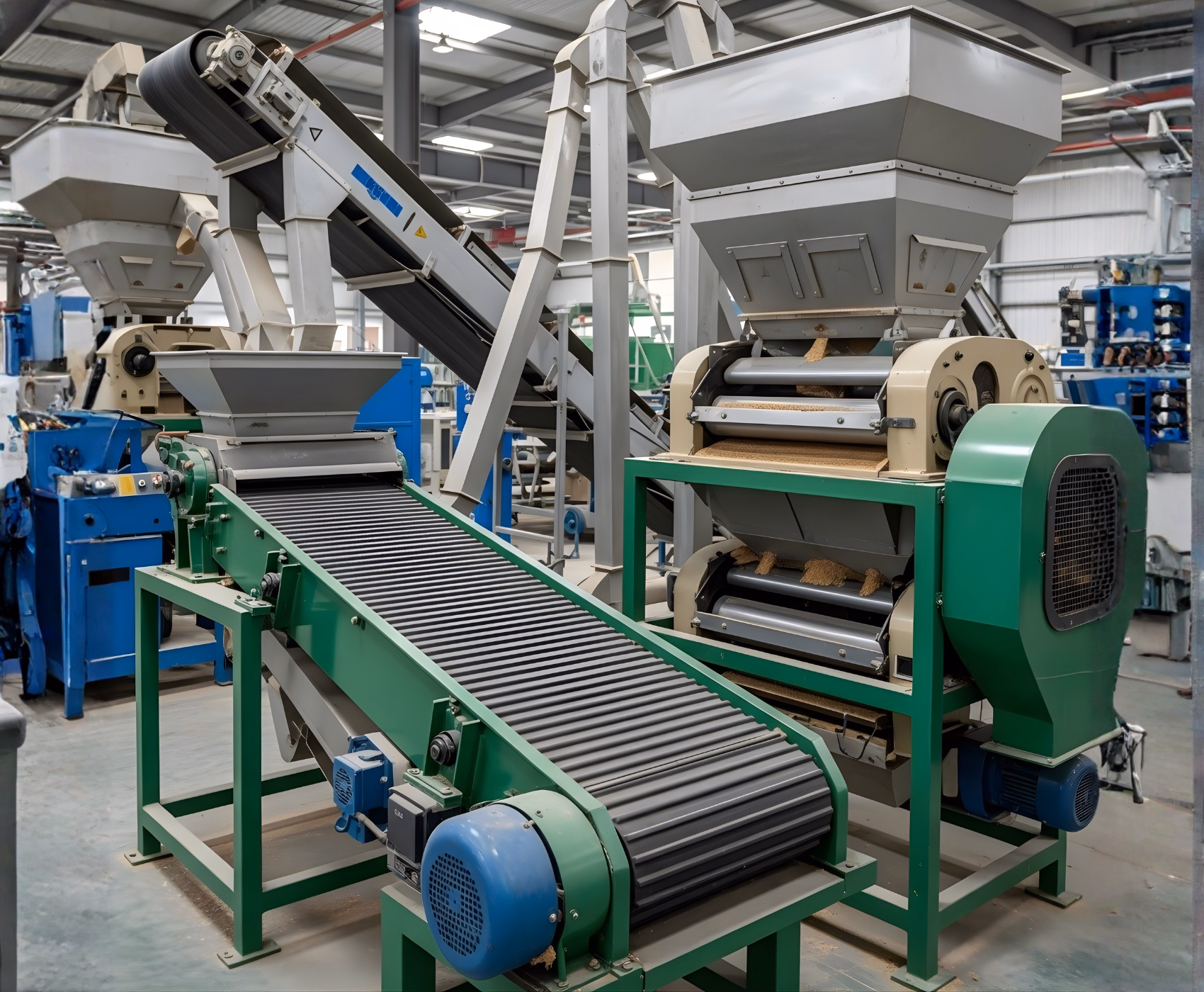 Rice milling line with cleaning and polishing machines